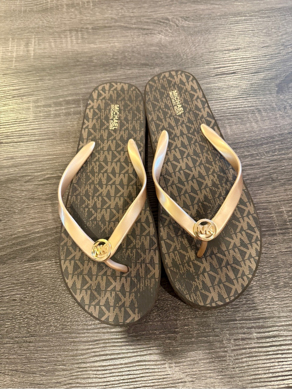 Michael Kors Brown Monogram Flip Flops with Gold-Tone Straps